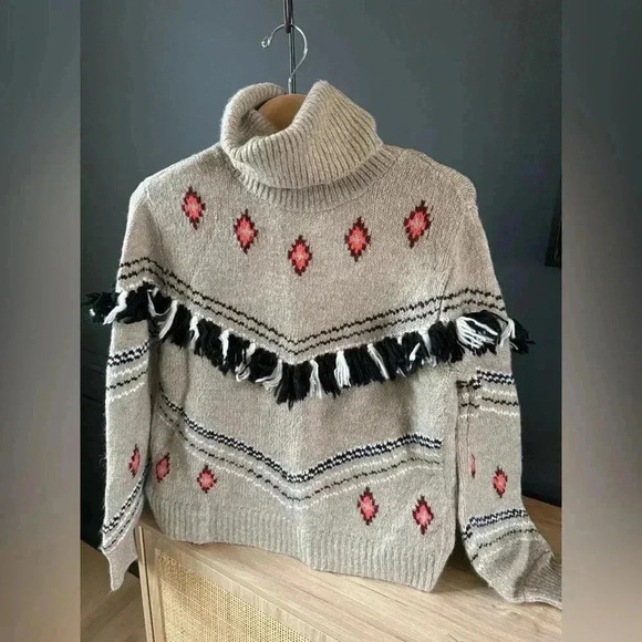Lou & Grey Fringe Fair Isle Pullover turtleneck sweater size Small - Picture 1 of 4
